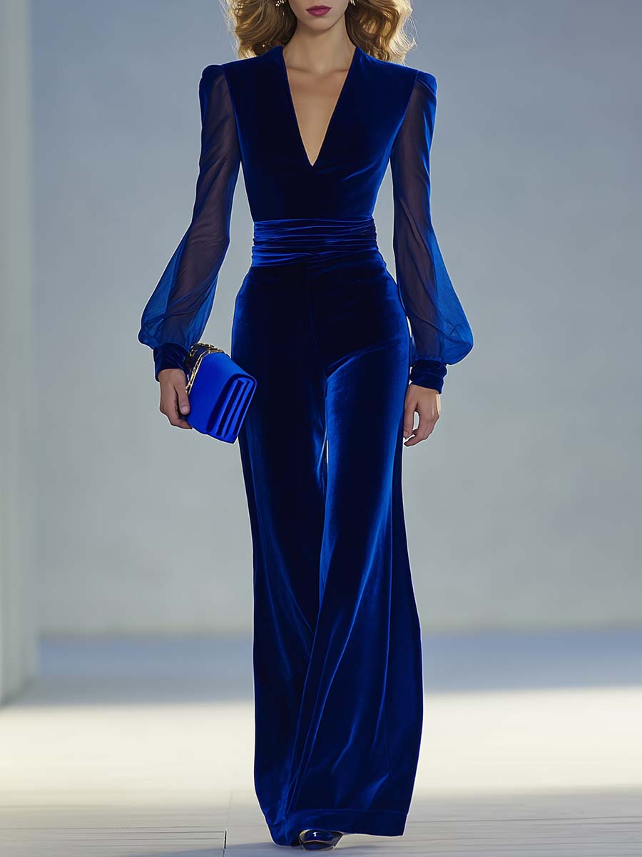 Cléa Aro | Women's Velvet V Neck Mesh Trim Co Ord Set
