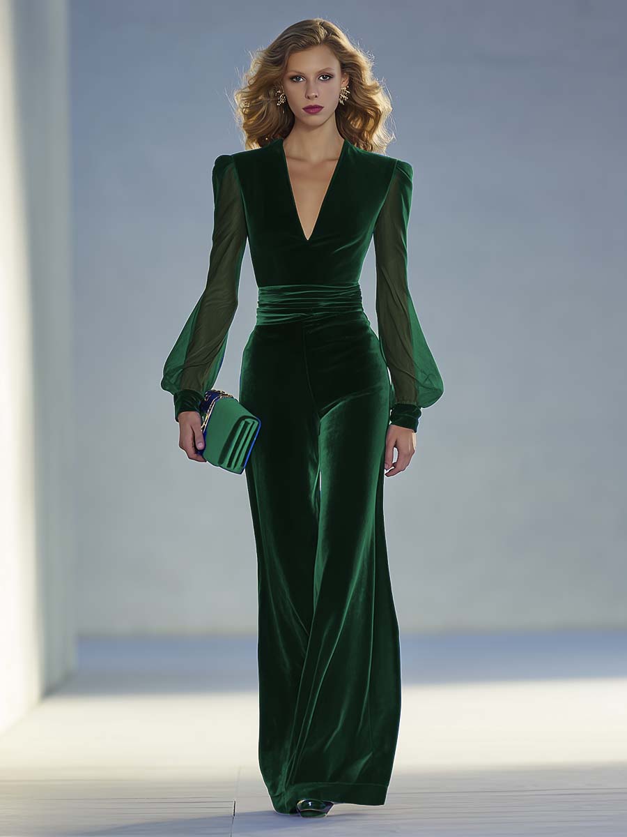 Cléa Aro | Women's Velvet V Neck Mesh Trim Co Ord Set