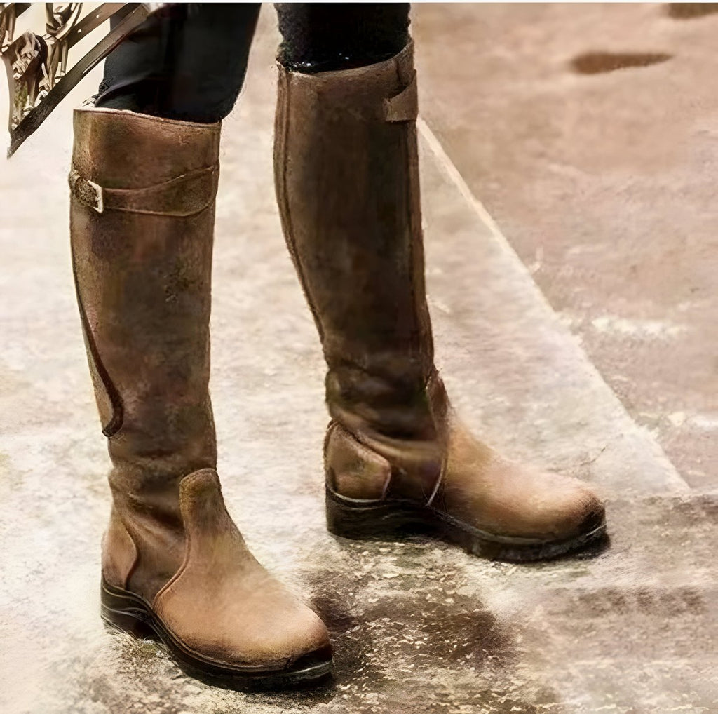 Madeleine Castel | Women's Waterproof Leather Knee High Boots Buckle Strap Riding