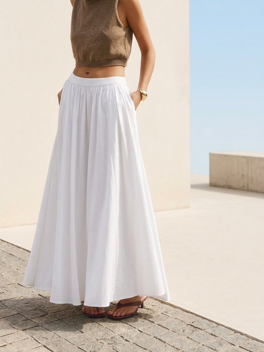 Suzon Pic | Women's Boho High Waist Pleated A-Line Maxi Skirt Set