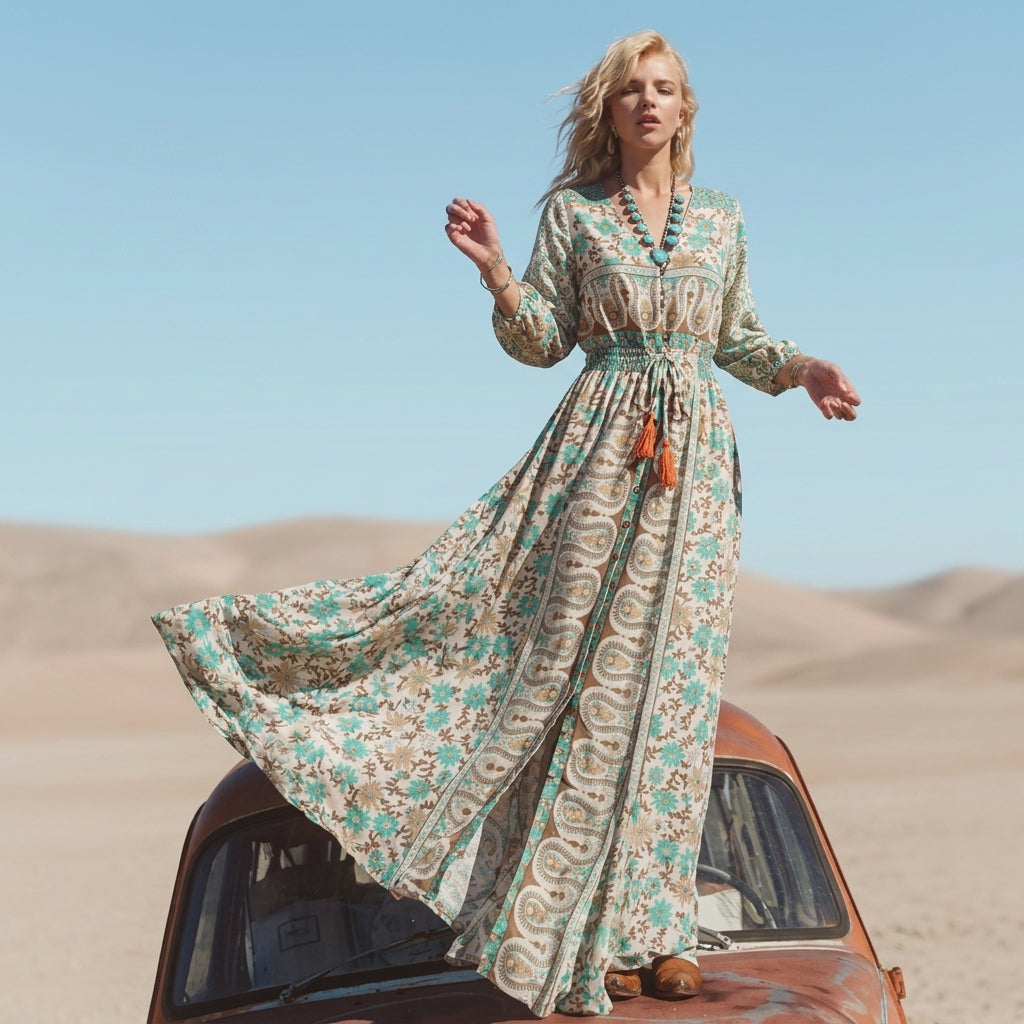 Estelle Drey | Women's V-Neck Floral Boho Maxi Dress